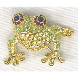 Vintage Monet Big Eyed Frog Brooch Gold Tone Red Green Rhinestone Pin Brooch